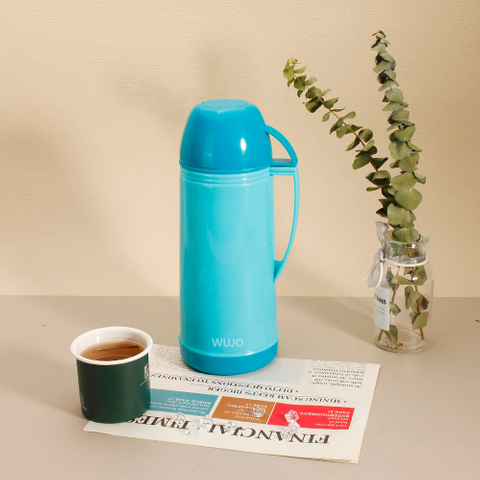 WUJO 1l Blue European South American Plastic Hot Tea Water Vacuum Thermos with Glass Liner