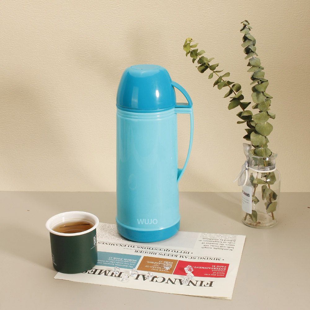 WUJO 1l Blue European South American Plastic Hot Tea Water Vacuum Thermos with Glass Liner