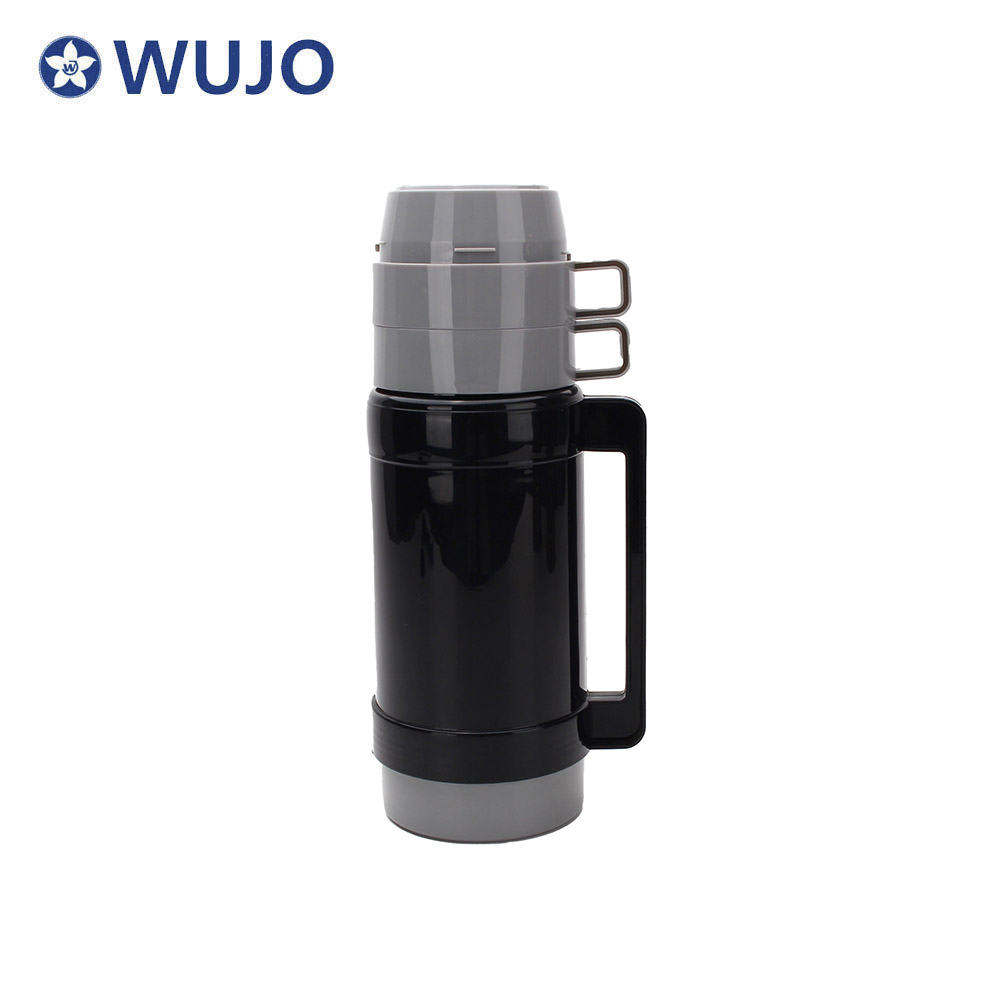 WUJO 1L Plastic Black Grey Travel Glass Inner Insulated Vacuum Flask & Thermos