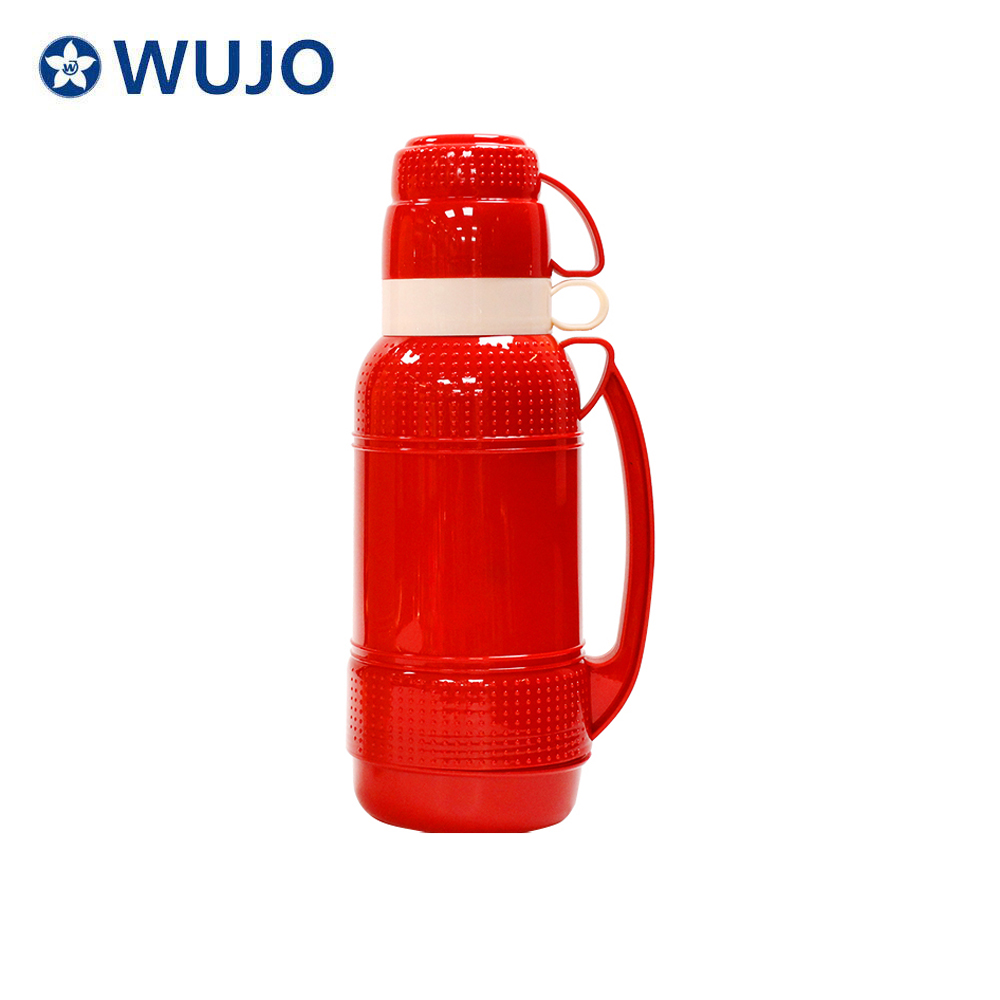 WUJO Red 1L 1.8 Liter Glass Refill Plastic Thermo with 2 Cups