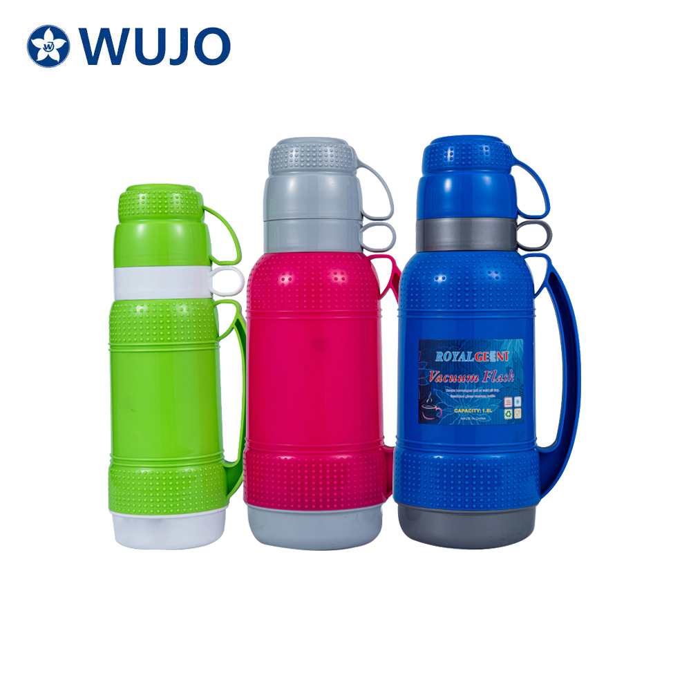 WUJO Red 1L 1.8 Liter Glass Refill Plastic Thermo with 2 Cups